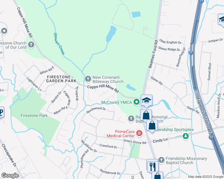 map of restaurants, bars, coffee shops, grocery stores, and more near 3736 Maggie Laney Drive in Charlotte