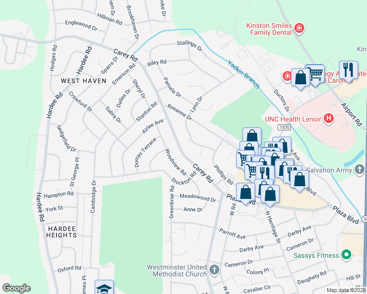 map of restaurants, bars, coffee shops, grocery stores, and more near 2409 Carey Rd in Kinston