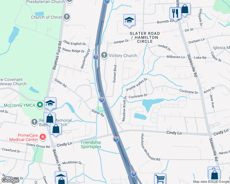 map of restaurants, bars, coffee shops, grocery stores, and more near 2116 Sunset Blvd in Charlotte