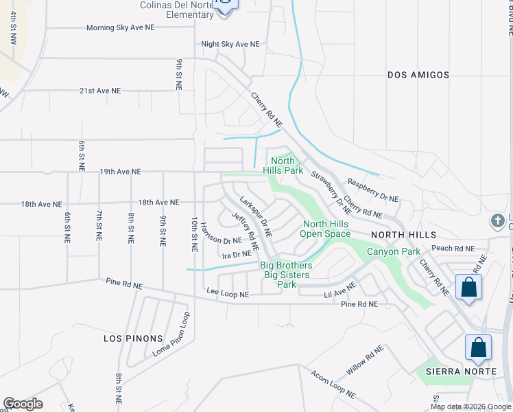 map of restaurants, bars, coffee shops, grocery stores, and more near 1644 Larkspur Drive Northeast in Rio Rancho