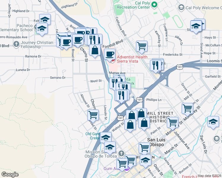 map of restaurants, bars, coffee shops, grocery stores, and more near 197 Cabrillo Highway in San Luis Obispo