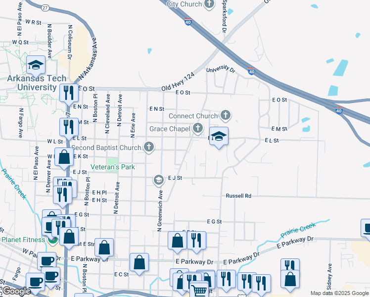 map of restaurants, bars, coffee shops, grocery stores, and more near 1109 East K Place in Russellville