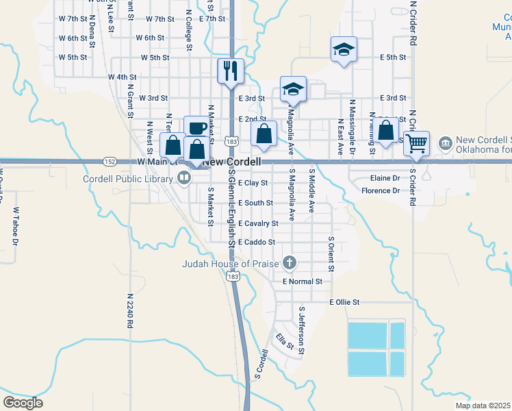 map of restaurants, bars, coffee shops, grocery stores, and more near 303 South Linwood Street in New Cordell
