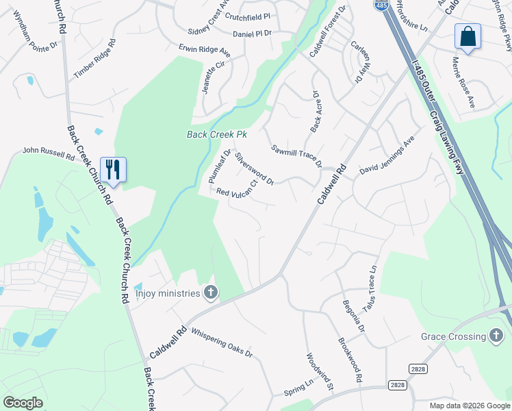 map of restaurants, bars, coffee shops, grocery stores, and more near 16635 Crimson Sargent Drive in Charlotte