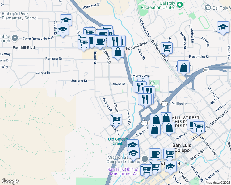 map of restaurants, bars, coffee shops, grocery stores, and more near 826 Mission Street in San Luis Obispo