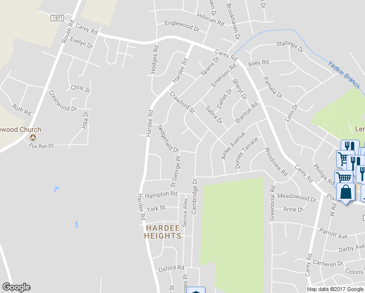 map of restaurants, bars, coffee shops, grocery stores, and more near 1805 Sedgefield Drive in Kinston