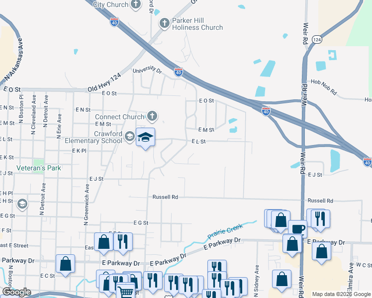map of restaurants, bars, coffee shops, grocery stores, and more near 1118 University Drive in Russellville