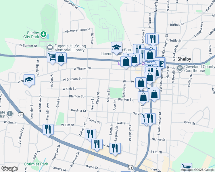 map of restaurants, bars, coffee shops, grocery stores, and more near 306 Martin Street in Shelby