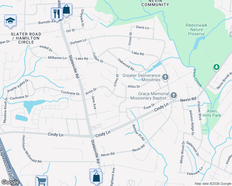 map of restaurants, bars, coffee shops, grocery stores, and more near 3549 Arvin Drive in Charlotte