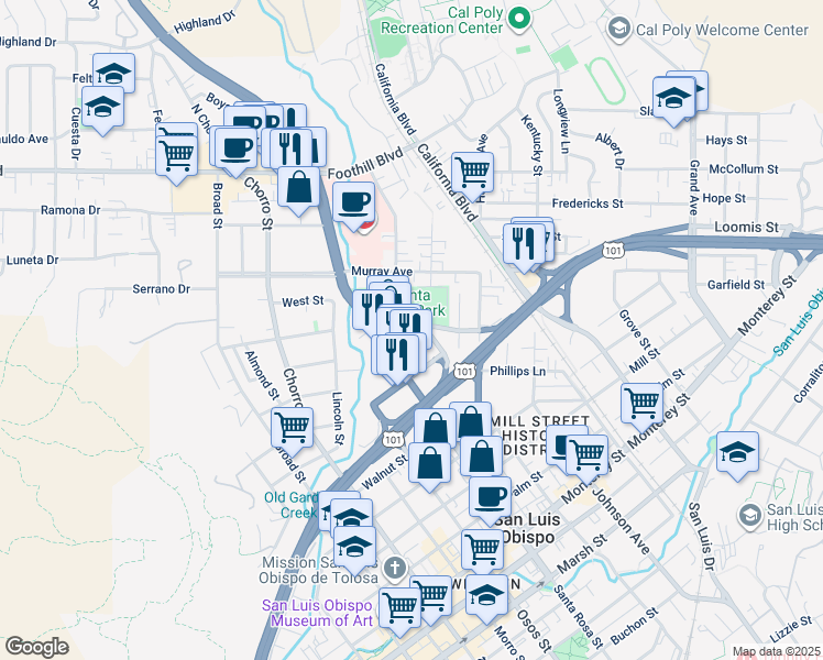 map of restaurants, bars, coffee shops, grocery stores, and more near 1140 Montalban Street in San Luis Obispo