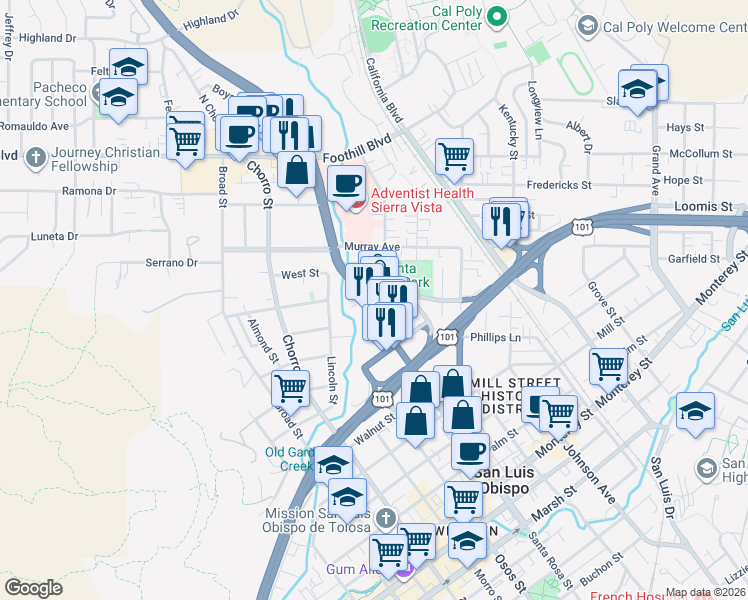 map of restaurants, bars, coffee shops, grocery stores, and more near 254 Santa Rosa Street in San Luis Obispo