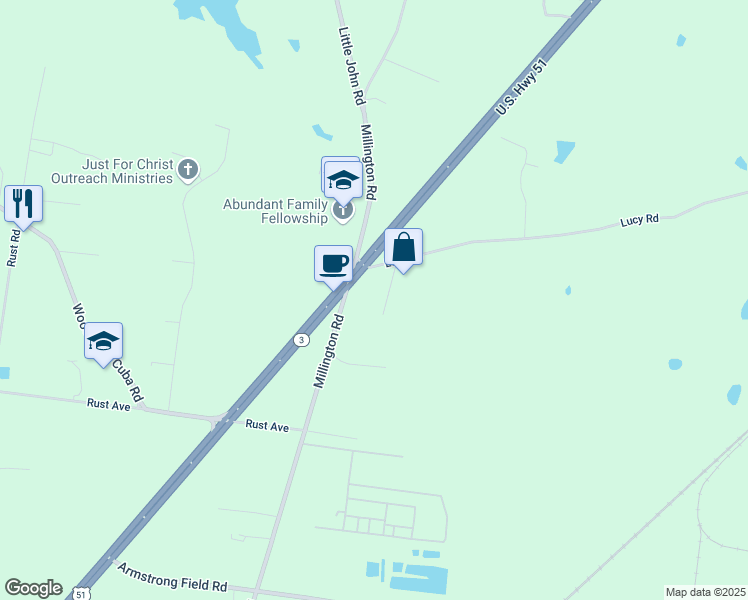 map of restaurants, bars, coffee shops, grocery stores, and more near 2980 U.S. 51 in Millington