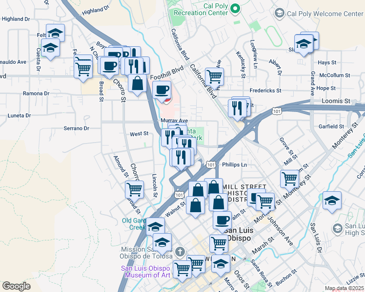 map of restaurants, bars, coffee shops, grocery stores, and more near 1140 Montalban Street in San Luis Obispo