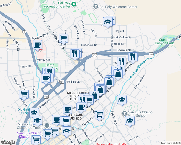 map of restaurants, bars, coffee shops, grocery stores, and more near 634 California Boulevard in San Luis Obispo