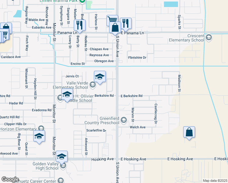 map of restaurants, bars, coffee shops, grocery stores, and more near 209 Hurst Lane in Bakersfield