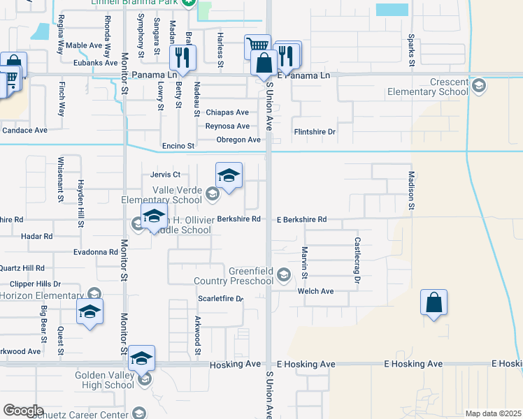 map of restaurants, bars, coffee shops, grocery stores, and more near 209 Hurst Lane in Bakersfield