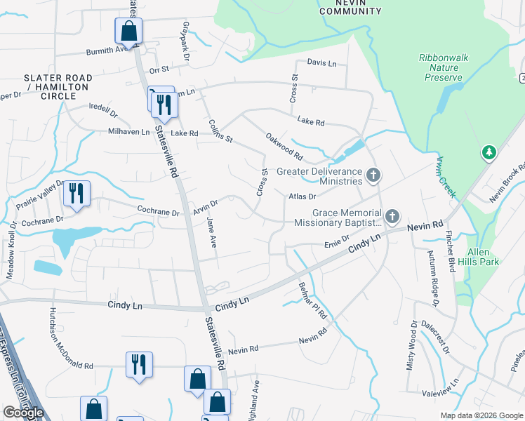 map of restaurants, bars, coffee shops, grocery stores, and more near 3549 Arvin Drive in Charlotte