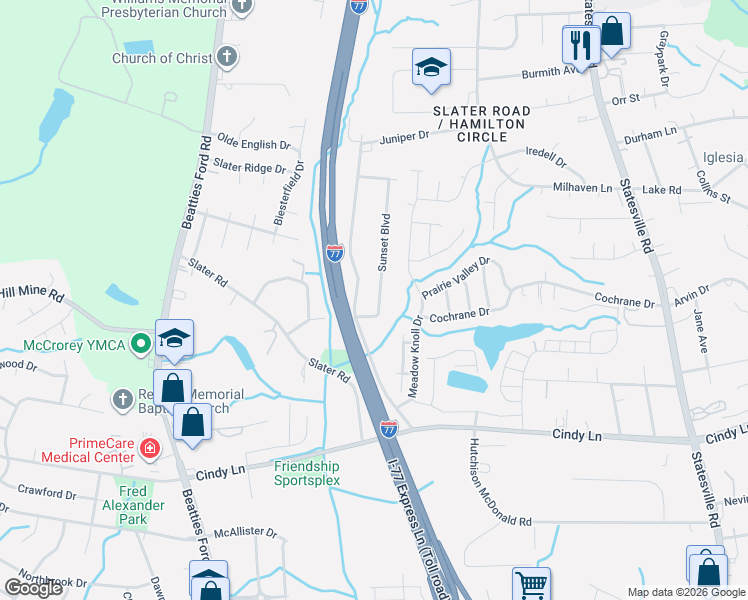map of restaurants, bars, coffee shops, grocery stores, and more near 2116 Sunset Boulevard in Charlotte