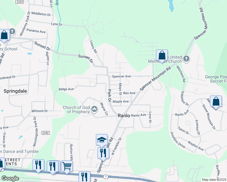 map of restaurants, bars, coffee shops, grocery stores, and more near 65 Rex Ave in Gastonia