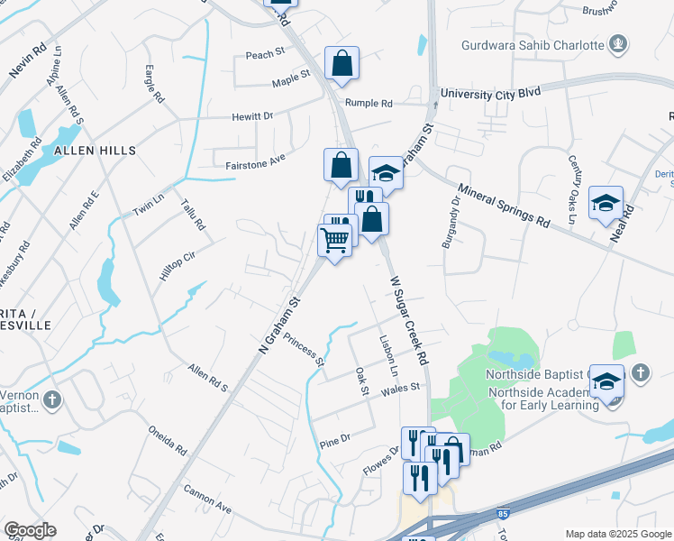 map of restaurants, bars, coffee shops, grocery stores, and more near 5624 North Graham Street in Charlotte