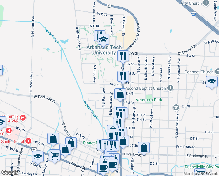 map of restaurants, bars, coffee shops, grocery stores, and more near 209 West L Street in Russellville