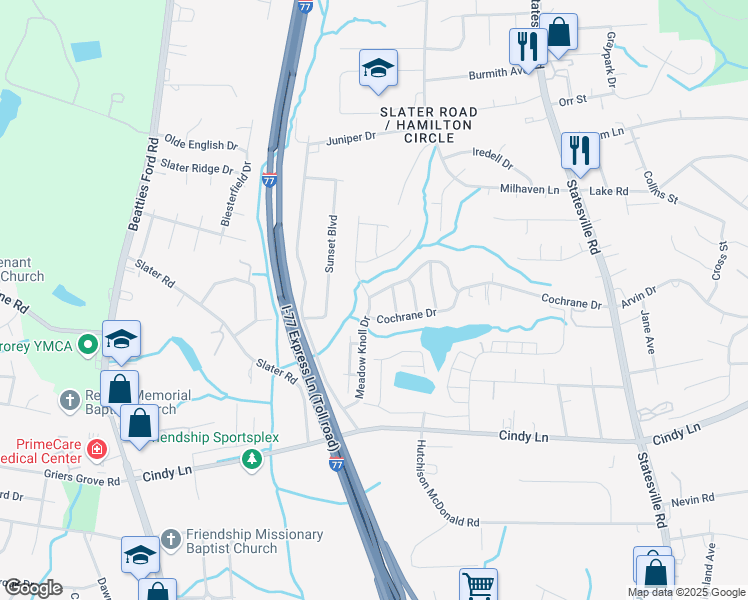 map of restaurants, bars, coffee shops, grocery stores, and more near 2838 Meadow Knoll Drive in Charlotte