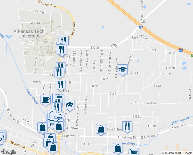map of restaurants, bars, coffee shops, grocery stores, and more near 505 East K Place in Russellville