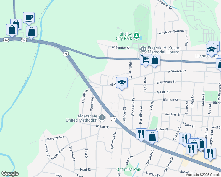 map of restaurants, bars, coffee shops, grocery stores, and more near 937 West Warren Street in Shelby