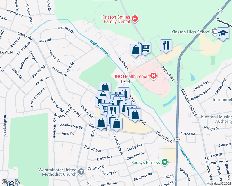 map of restaurants, bars, coffee shops, grocery stores, and more near 2508 North Herritage Street in Kinston