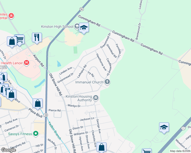 map of restaurants, bars, coffee shops, grocery stores, and more near 2215 Ivy Road in Kinston