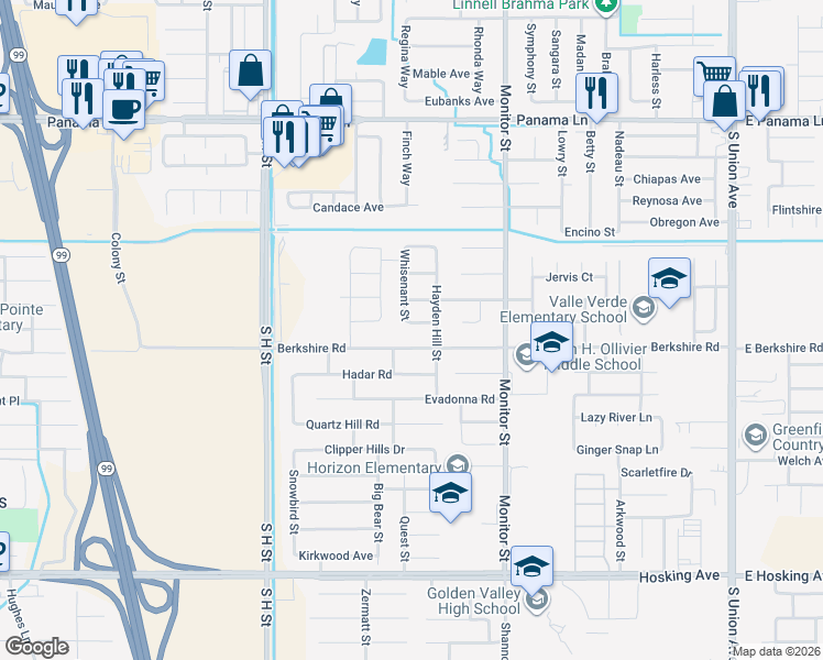 map of restaurants, bars, coffee shops, grocery stores, and more near 1219 Accabar Street in Bakersfield