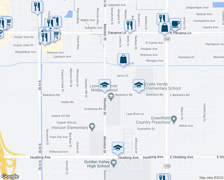 map of restaurants, bars, coffee shops, grocery stores, and more near 723 Digges Lane in Bakersfield