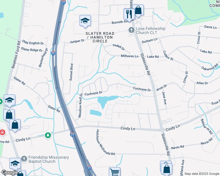 map of restaurants, bars, coffee shops, grocery stores, and more near 2828 Cochrane Drive in Charlotte