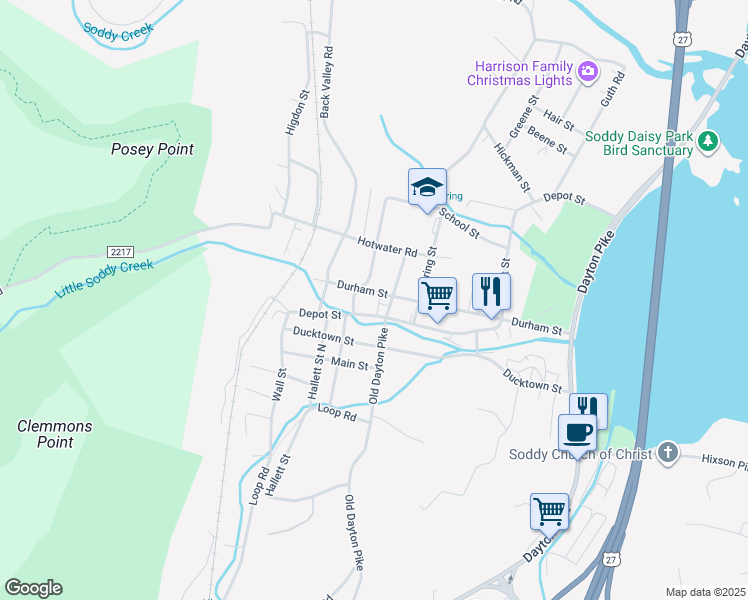 map of restaurants, bars, coffee shops, grocery stores, and more near 310 Durham Street in Soddy-Daisy