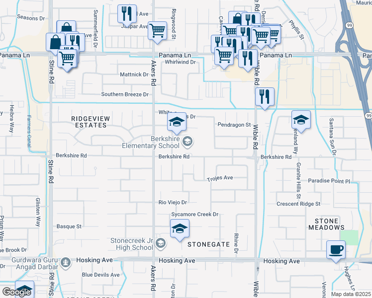 map of restaurants, bars, coffee shops, grocery stores, and more near 3900 Berkshire Road in Bakersfield