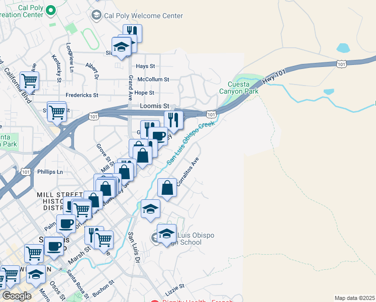map of restaurants, bars, coffee shops, grocery stores, and more near 1933 San Luis Drive in San Luis Obispo