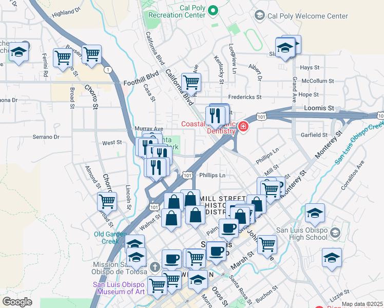 map of restaurants, bars, coffee shops, grocery stores, and more near 560 Hathway Avenue in San Luis Obispo
