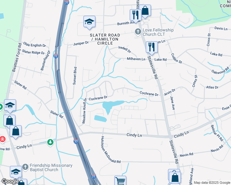 map of restaurants, bars, coffee shops, grocery stores, and more near 2828 Cochrane Drive in Charlotte