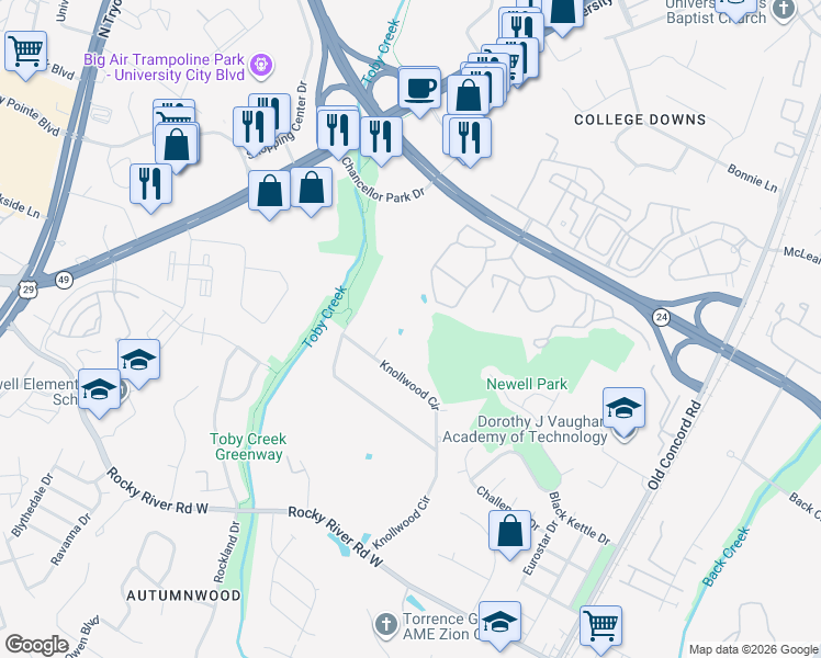 map of restaurants, bars, coffee shops, grocery stores, and more near 8201 Woodcroft Court in Charlotte