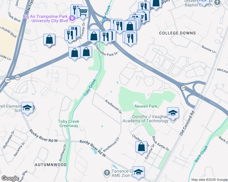 map of restaurants, bars, coffee shops, grocery stores, and more near 8201 Woodcroft Court in Charlotte
