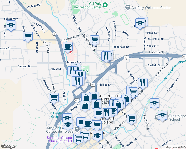 map of restaurants, bars, coffee shops, grocery stores, and more near 546 Ellen Way in San Luis Obispo
