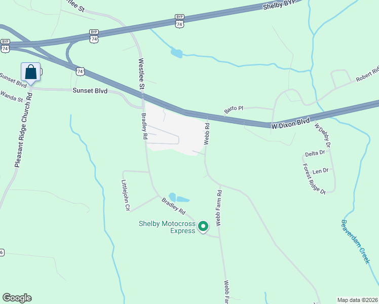 map of restaurants, bars, coffee shops, grocery stores, and more near 118 Webb Road in Shelby