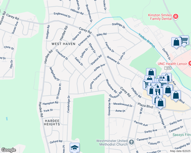 map of restaurants, bars, coffee shops, grocery stores, and more near 1206 Dorcas Terrace in Kinston