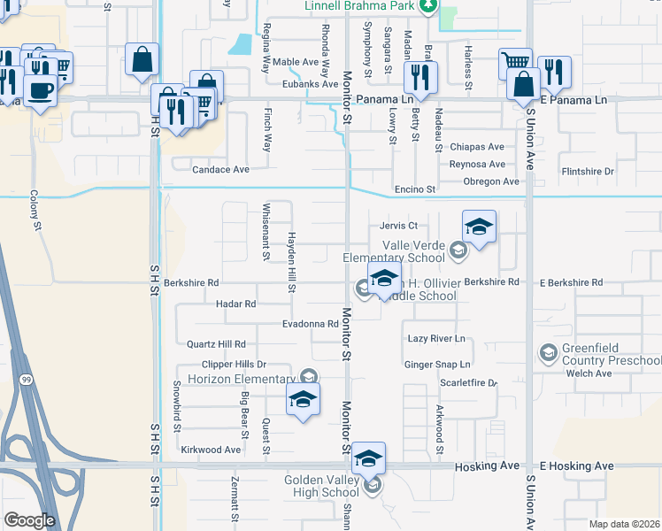 map of restaurants, bars, coffee shops, grocery stores, and more near 916 Berkshire Road in Bakersfield