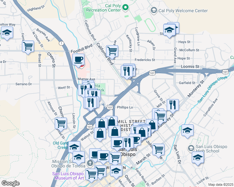 map of restaurants, bars, coffee shops, grocery stores, and more near 560 Hathway Avenue in San Luis Obispo