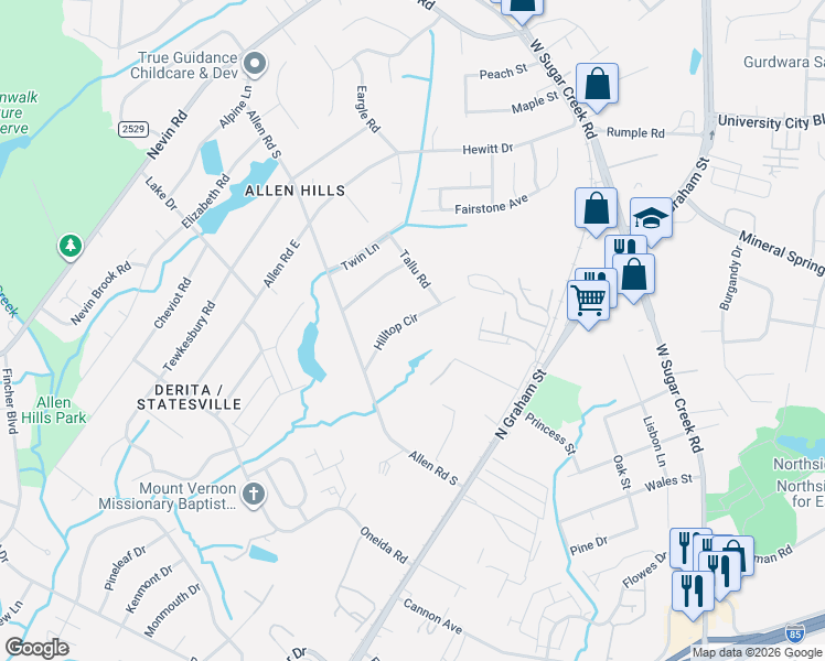 map of restaurants, bars, coffee shops, grocery stores, and more near 5412 Hilltop Circle in Charlotte