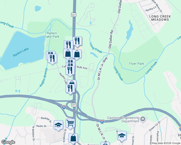 map of restaurants, bars, coffee shops, grocery stores, and more near 217 Bulb Avenue in Gastonia