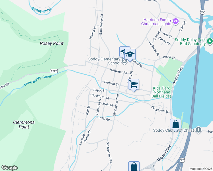 map of restaurants, bars, coffee shops, grocery stores, and more near 11321 North Oak Street in Soddy-Daisy