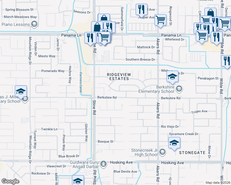 map of restaurants, bars, coffee shops, grocery stores, and more near 4600 Berkshire Road in Bakersfield