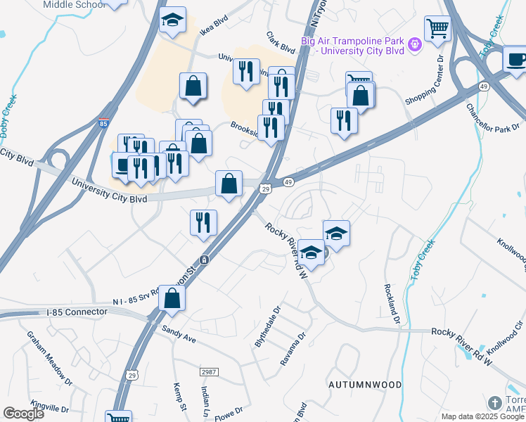 map of restaurants, bars, coffee shops, grocery stores, and more near 201 Rocky River Road West in Charlotte